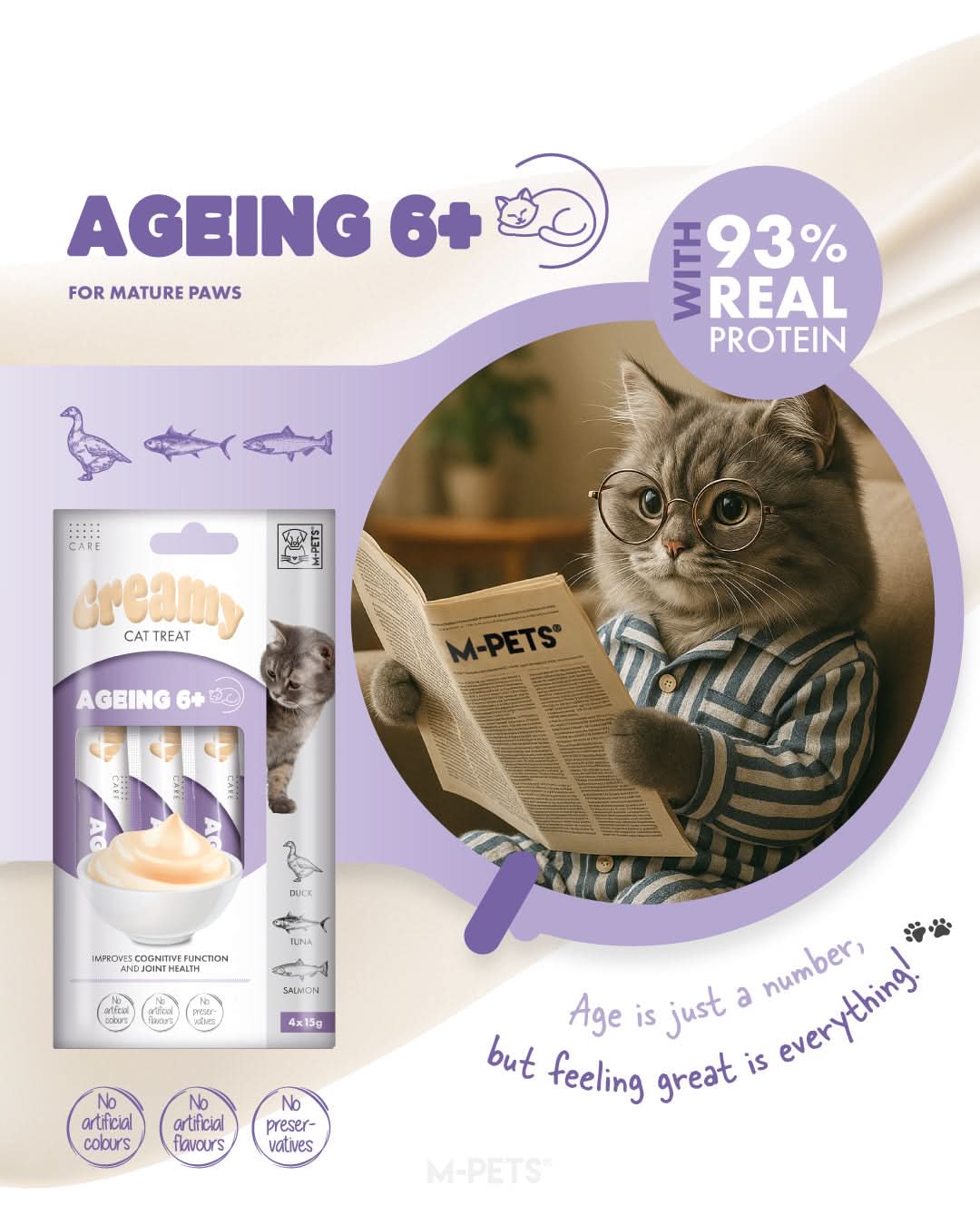 M-PETS Creamy with Functions – Cat treat – Ageing 6+ – Duck & Tuna & Salmon 4x15g (60g) M-Pets