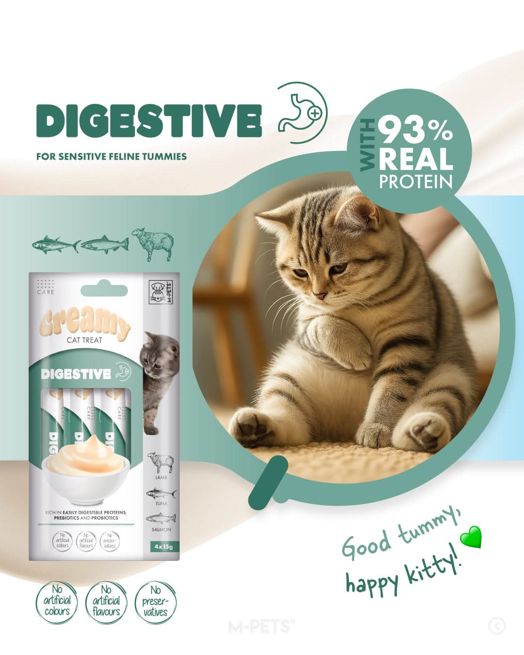 M-PETS Creamy with Functions – Cat treat – Digestive – Lamb & Tuna & Salmon 4x15g (60g) M-Pets