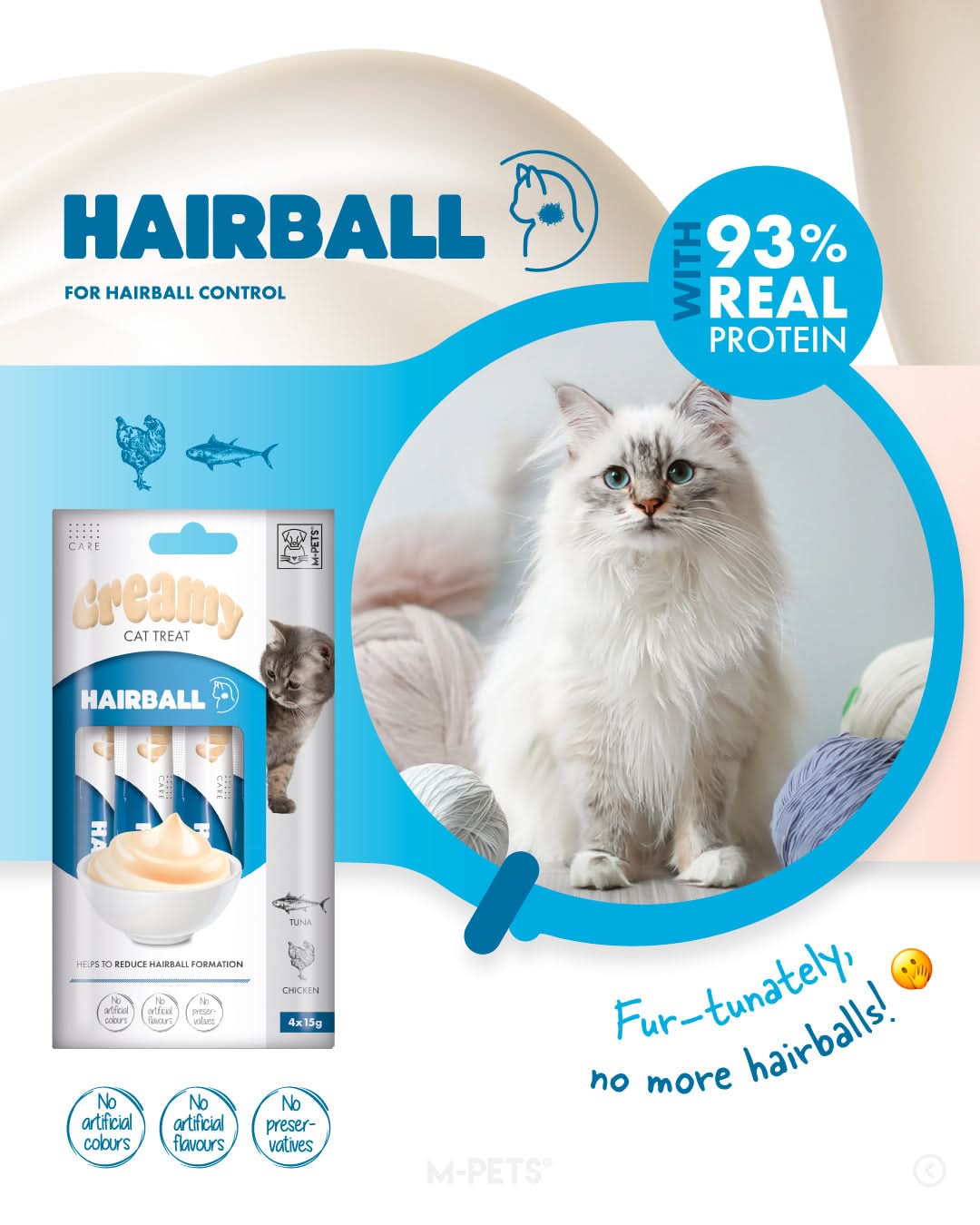 M-PETS Creamy with Functions – Cat treat – Hairball – Tuna & Chicken 4x15g (60g) M-Pets