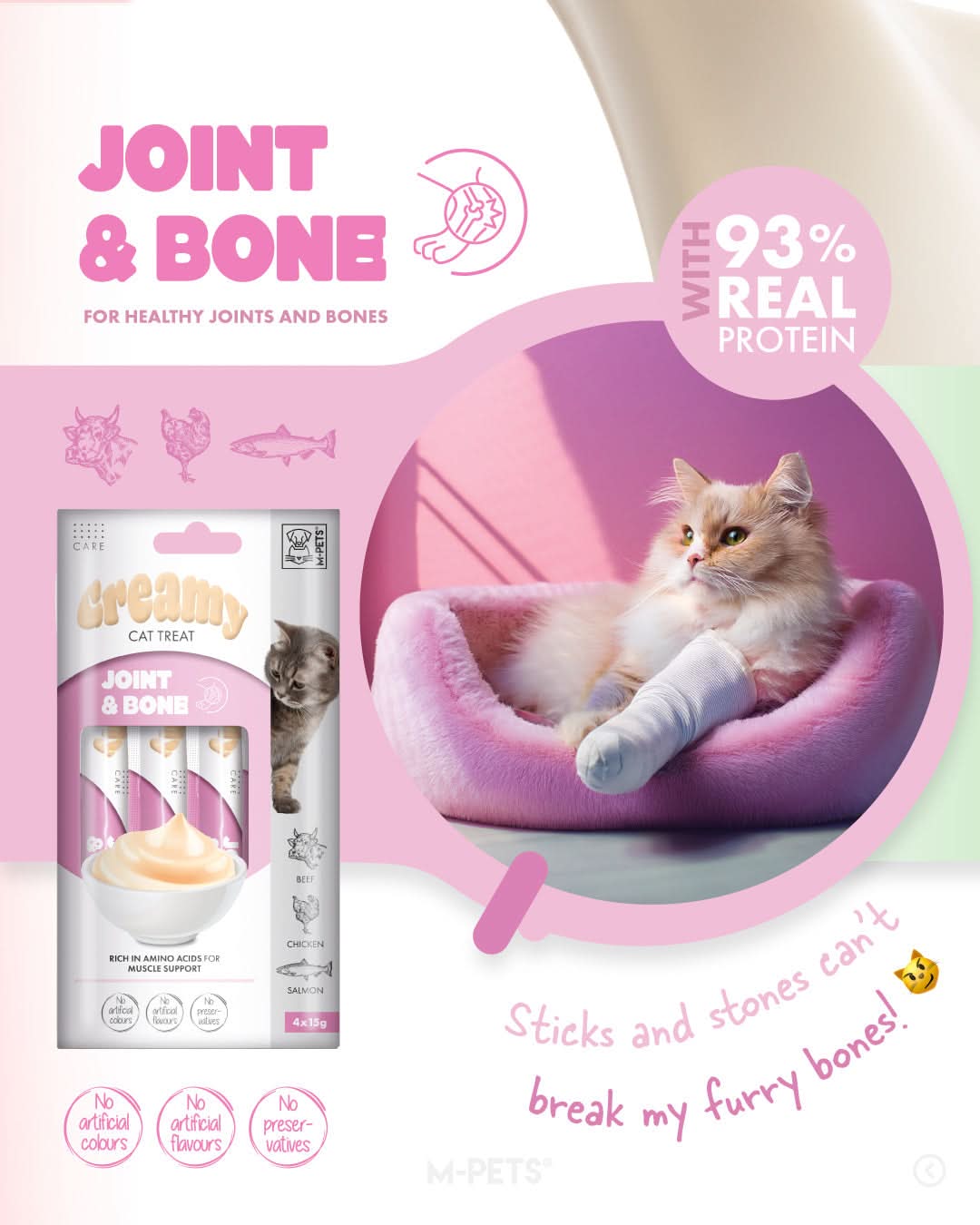 M-PETS Creamy with Functions – Cat treat – Joint & Bone – Beef & Chicken & Salmon 4x15g (60g) M-Pets
