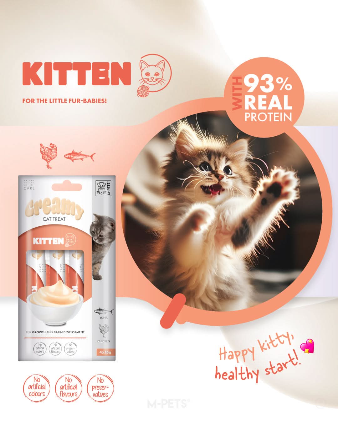 M-PETS Creamy with Functions – Cat treat – Kitten – Tuna & Chicken 4x15g (60g) M-Pets
