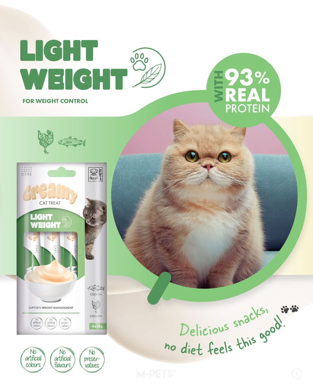 M-PETS Creamy with Functions – Cat treat – Light weight – Codfish & Chicken 4x15g (60g) M-Pets