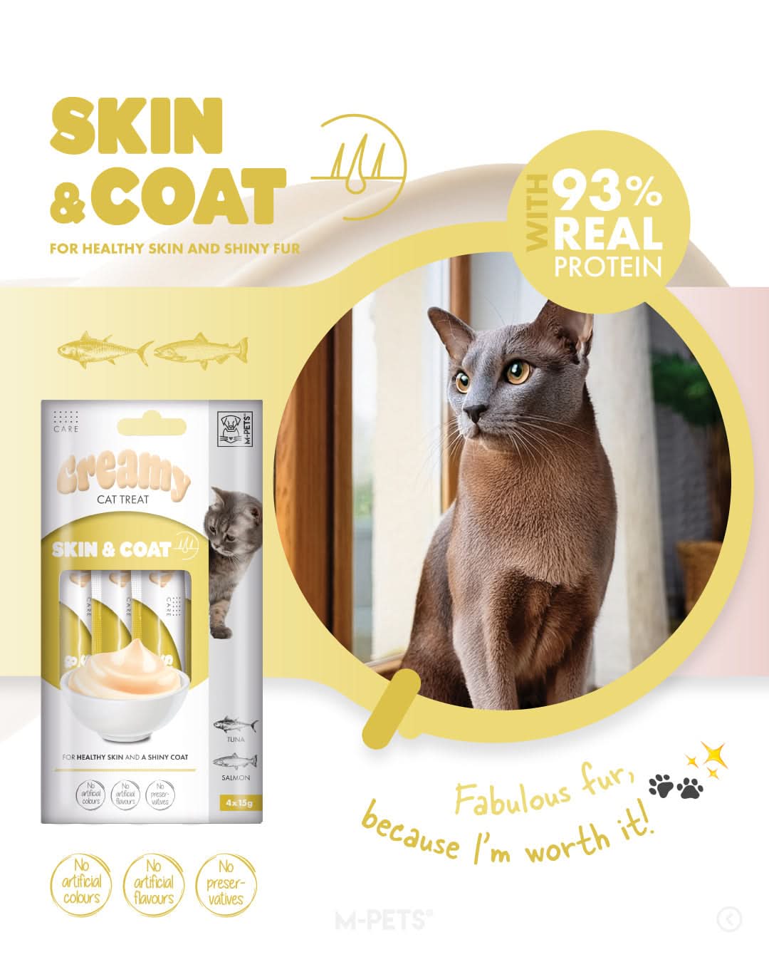 M-PETS Creamy with Functions – Cat treat – Skin & Coat – Tuna & Salmon 4x15g (60g) M-Pets
